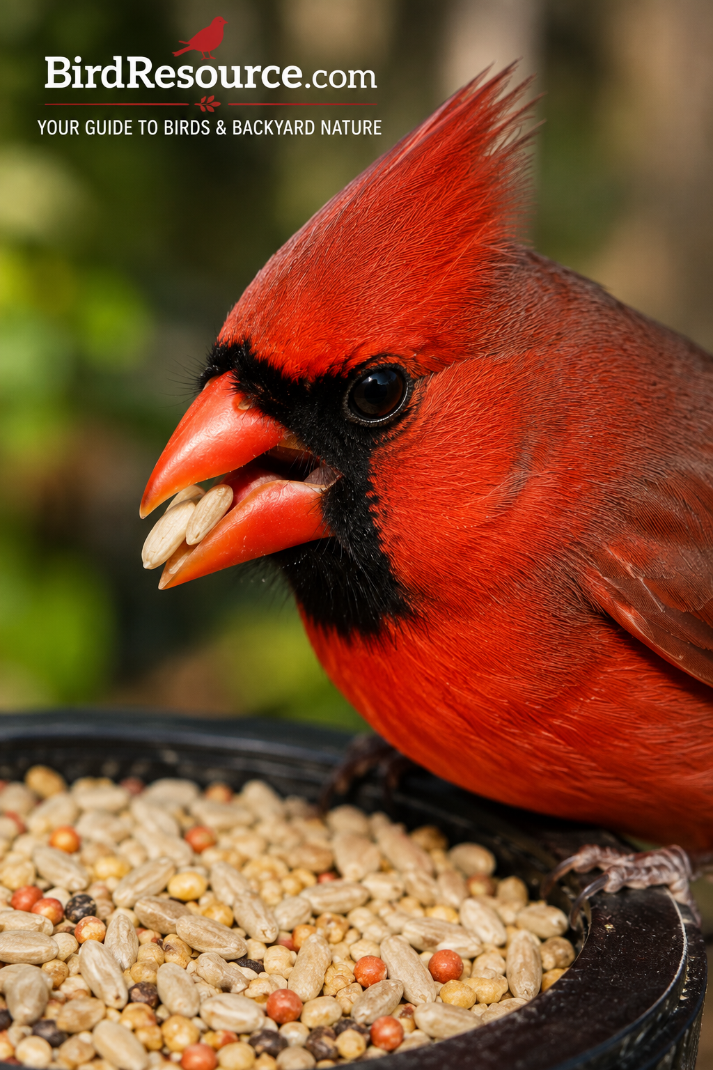 Cardinal bird up close eating safflower seed